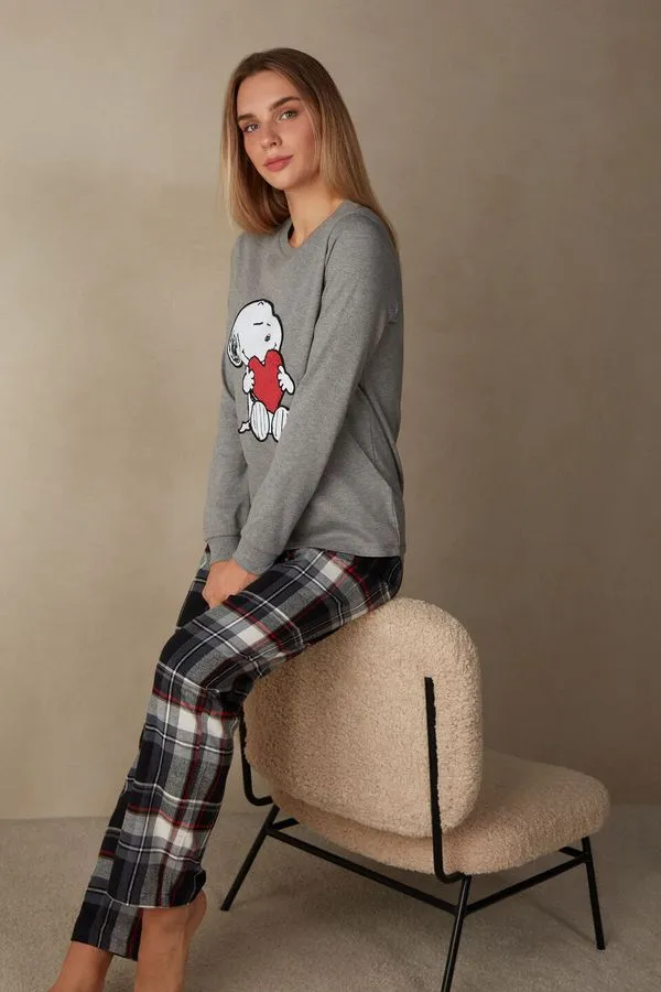 Pijama Snoopy Com Coração Em Algodão - Cinza P