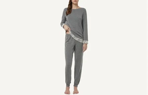 Pijama Comprido De Felpa Misto Caxemira - Cinza P