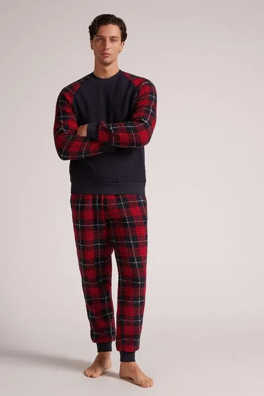 Pijama Comprido Peluciado Xadrez - Vermelho X/XXL