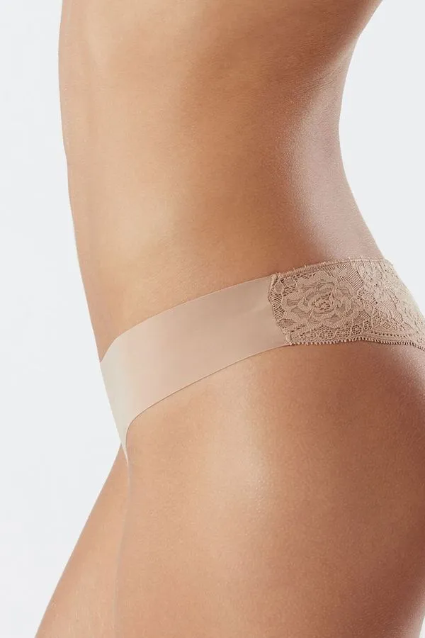 Calcinha Brasileira Em Microfibra Sem Costuras e Renda - Bege G