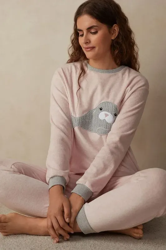 Pijama Manga Comprida Estampa De Foca - Rosa P