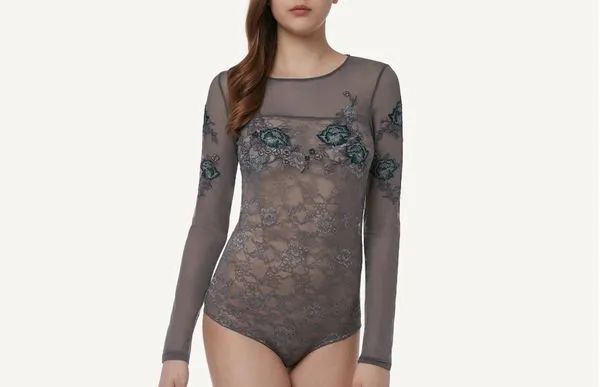 Body Feminino Manga Comprida Renda e Tule Com Bordados - Cinza M