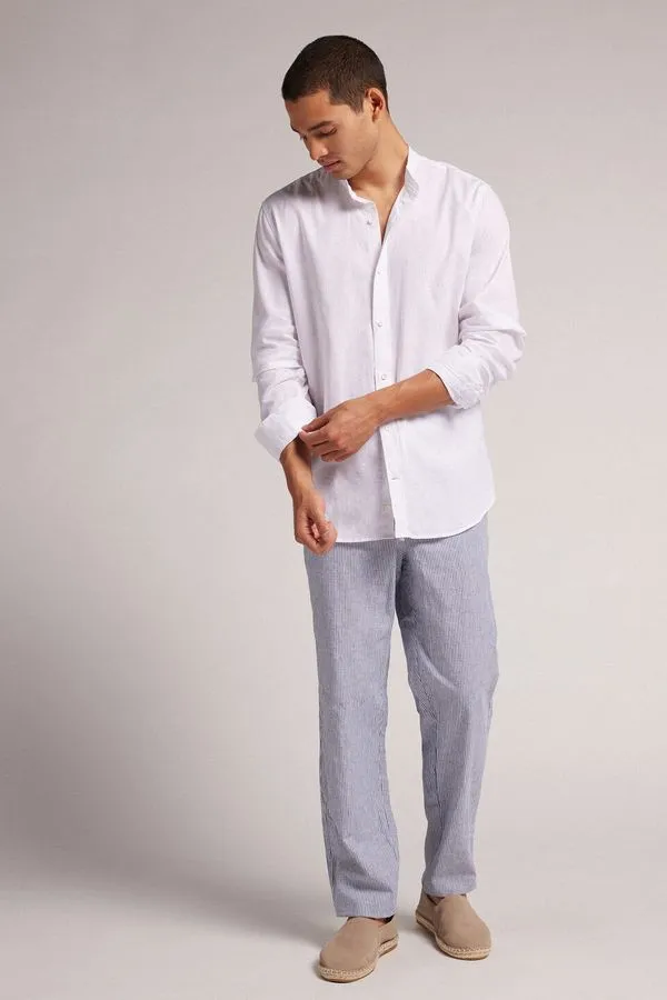 Camisa Colarinho Mandarim Em Linho e Algodão - Branco M