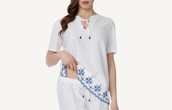 Blusa De Manga Curta Bordada Spicy Waves - Branco M