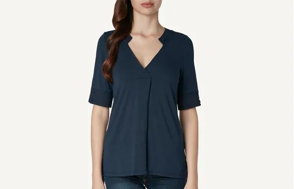 Blusa De Manga Curta Em Viscose Com Decote Em v - Azul P