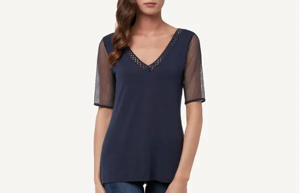 Blusa De Manga Curta De Viscose e Rede - Azul P