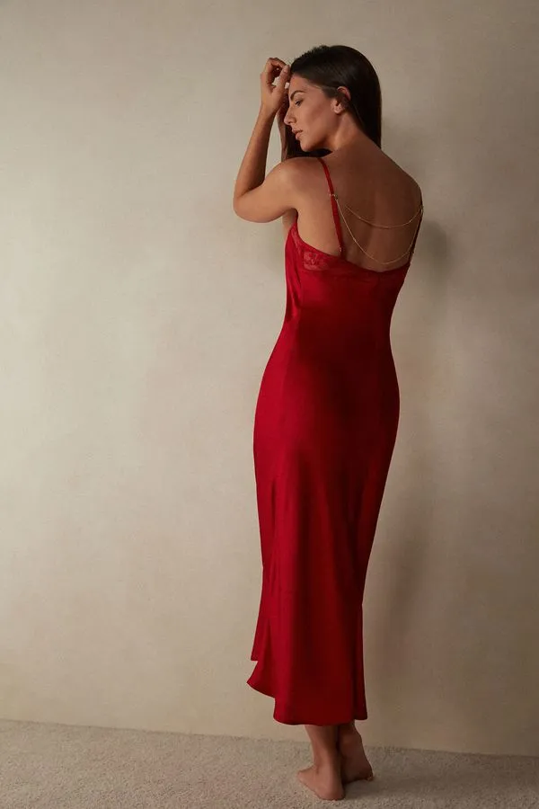 Camisola Longa Em Cetim De Viscose Luxury Treats - Vermelho P