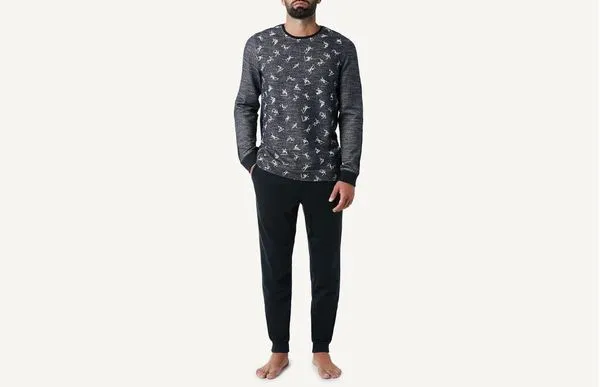 Pijama Comprido De Algodão e Jacquard Esquiadores - Azul P