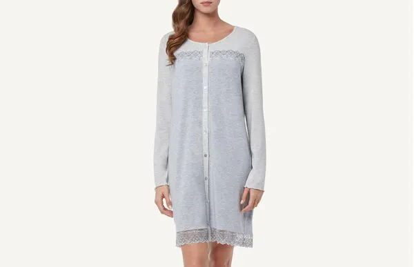 Camisola De Noite Aberta Com Aplicações De Renda - Azul G