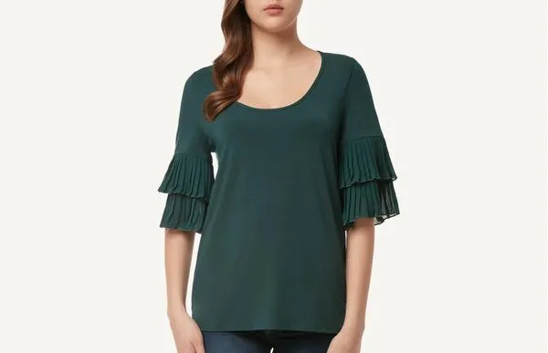Blusa De Manga Curta Com Aplicações Plissadas - Verde P