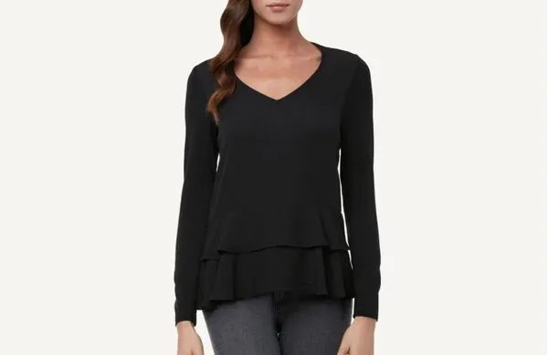 Blusa Manga Comprida De Viscose Com Babados - Preto P