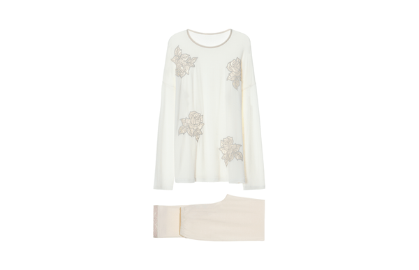 Pijama Comprido Com Flores Bordadas - Azul M