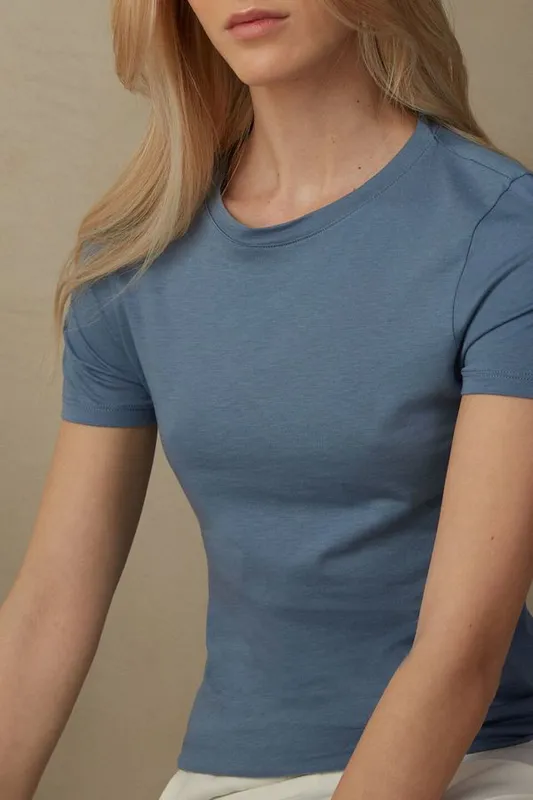 Blusa De Manga Curta Em Algodão Supima - Azul M