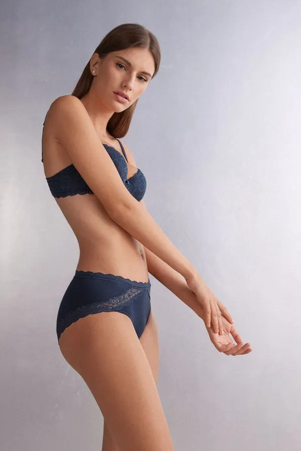 Calcinha Cintura Semi-Alta Em Algodão e Renda - Azul EG