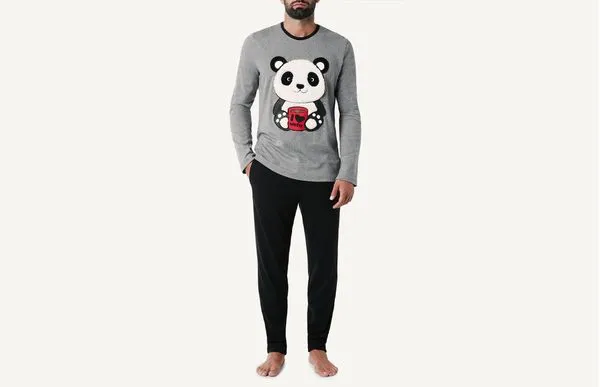 Pijama Comprido De Algodão Com Aplicação Panda - Cinza P
