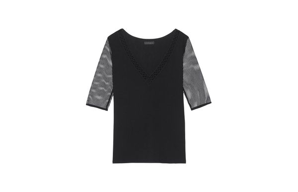 Blusa De Manga Curta De Viscose e Rede - Preto P