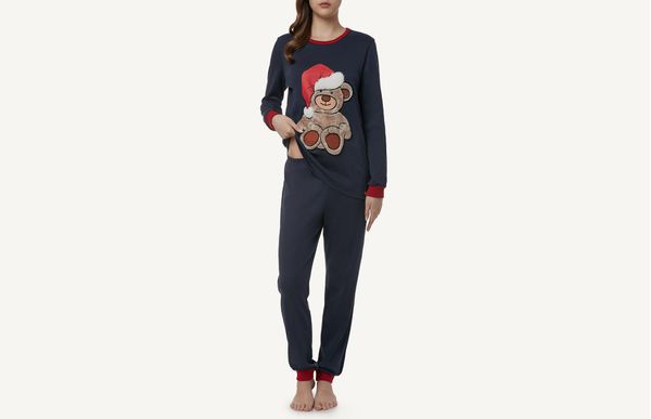 Pijama Comprido De Algodão Com Patch Urso - Azul M