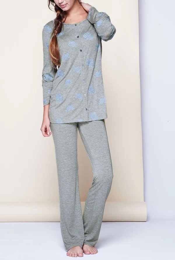 Pijama Com Camisola De Manga Comprida Com Bordado Às Flores - Cinza P
