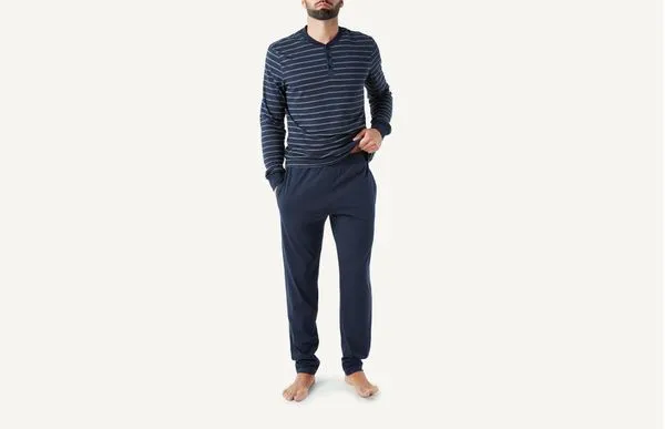 Pijama Homem Comprido Com Camiseta Serafino - Azul M
