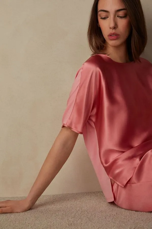 Blusa Manga Curta Em Seda e Modal - Rosa G
