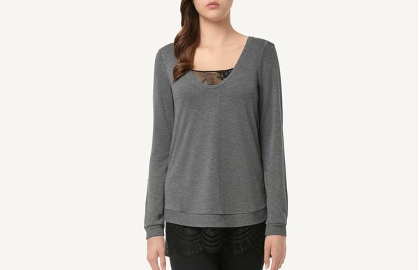Blusa De Manga Comprida Com Renda Floral - Cinza M