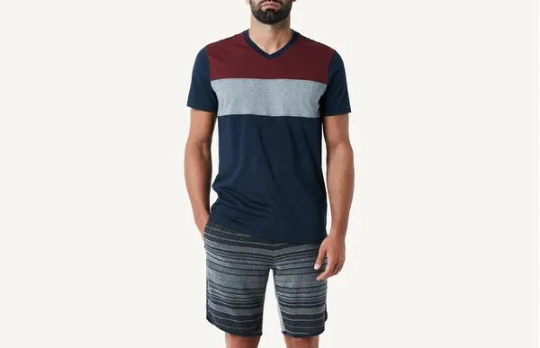 Pijama Curto Em Jersey Em Blocos De Cor - Azul GG