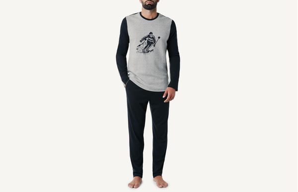 Pijama Comprido De Algodão e Jacquard Com Esquiador - Azul P