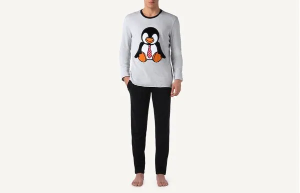 Pijama Comprido Em Algodão Com Pinguim - Cinza P