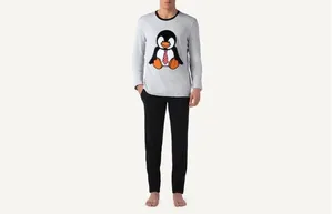 Pijama Comprido Em Algodão Com Pinguim - Cinza P