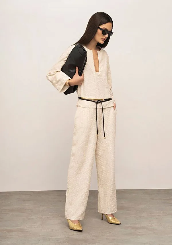Blusa Iódice Solta Decote V Manga 7 Oitavos Padrão Bege G