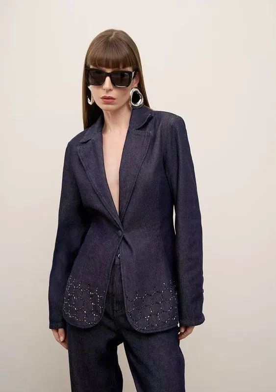Blazer Iódice Ajustado Manga Longa Padrão Azul P