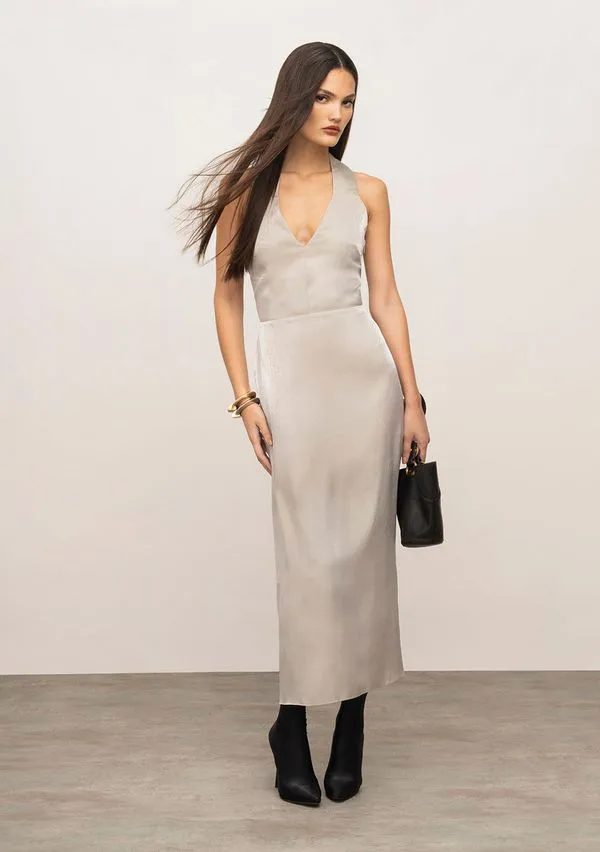 Vestido Iódice Ajustado Decote V Sem Manga Midi Cinza PP