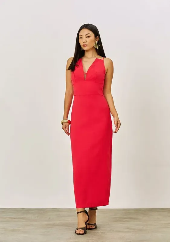 Vestido Iódice Ajustado Decote V Com Alça Midi Vermelho P