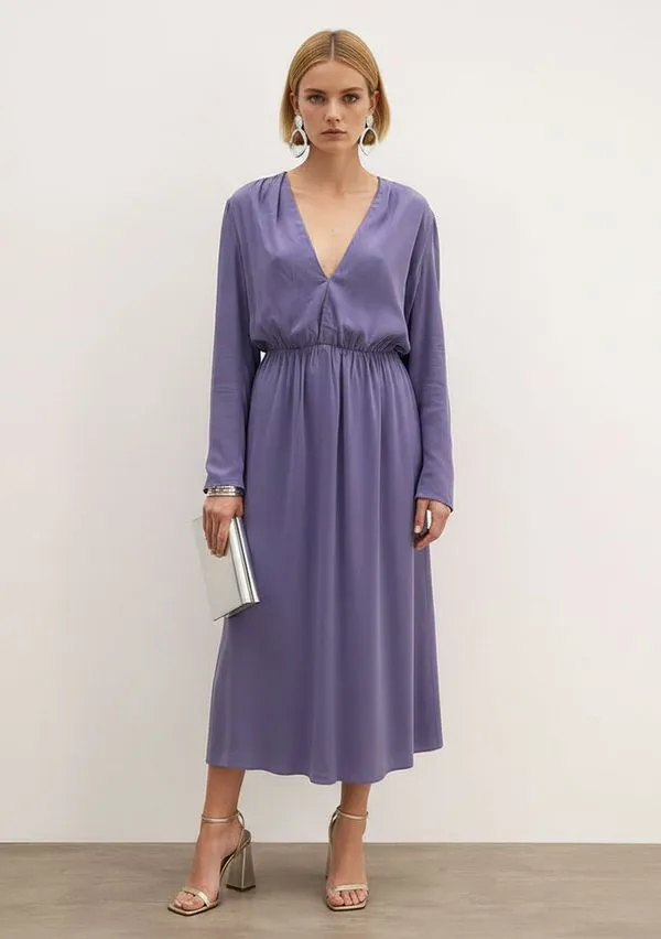 Vestido Ajustado Decote V Manga Longa Midi Lilas G