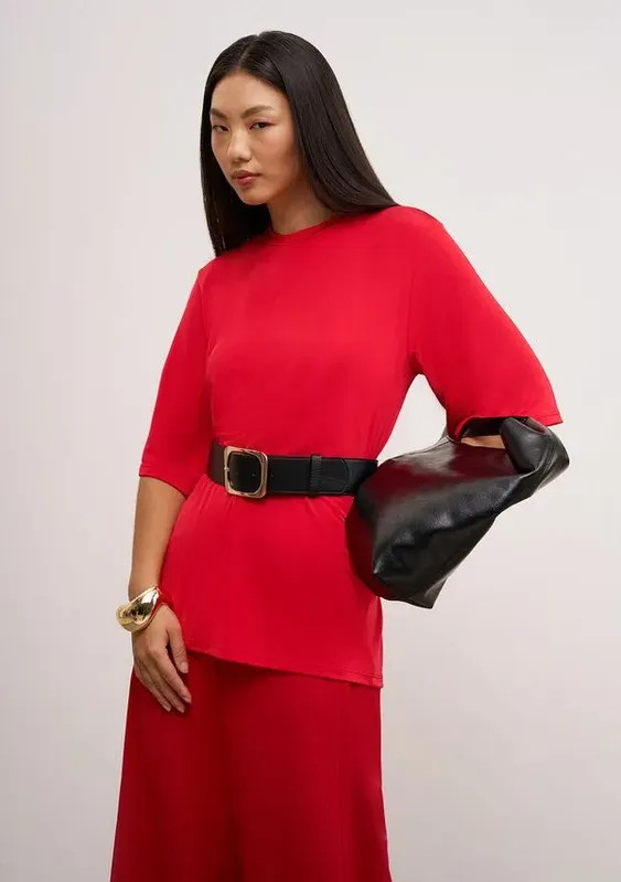 Camiseta Iódice Solta Decote Careca Manga 3 Quartos Padrão Vermelho G