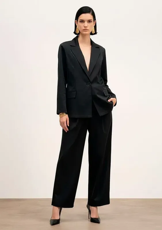 Blazer Solto Manga Longa Padrão Preto G