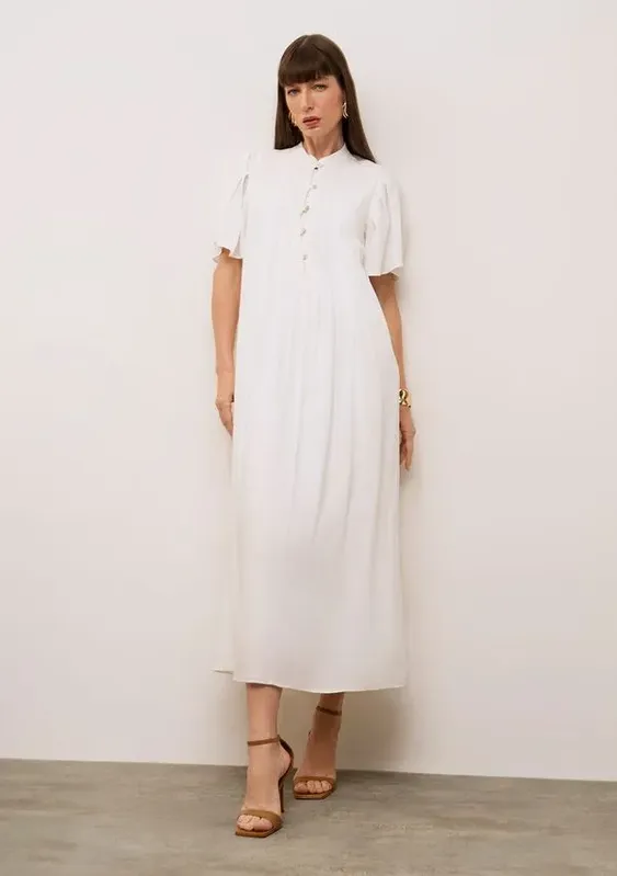 Vestido Iódice Solto Gola Padre Manga Curta Midi Off White G