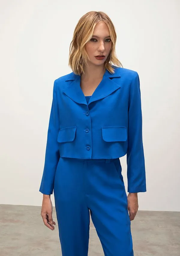 Blazer Iódice Com Lapela Com Botões Azul M