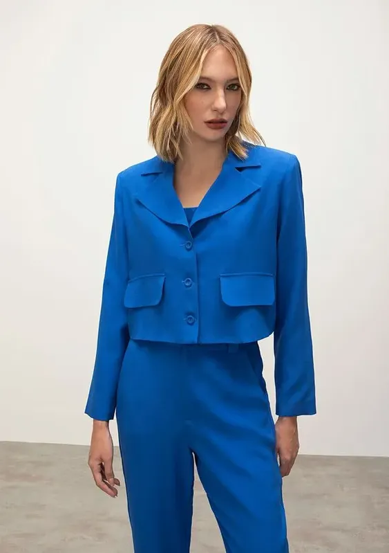 Blazer Iódice Com Lapela Com Botões Azul M