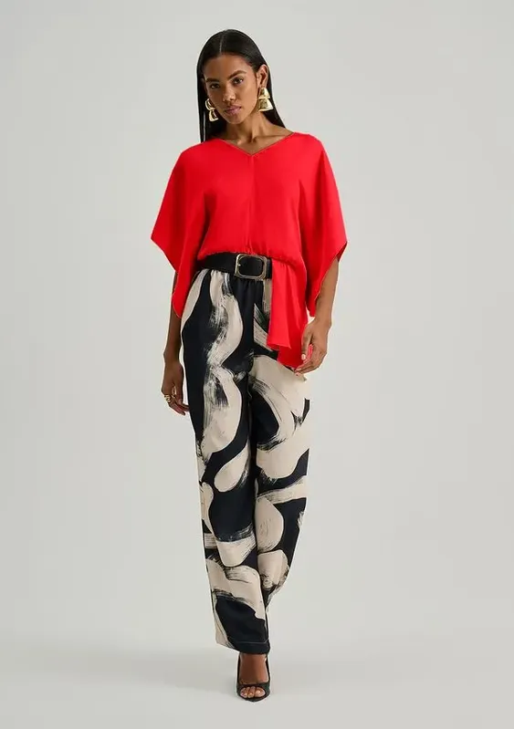 Blusa Iódice Solta Decote V Manga Curta Cropped Vermelho G