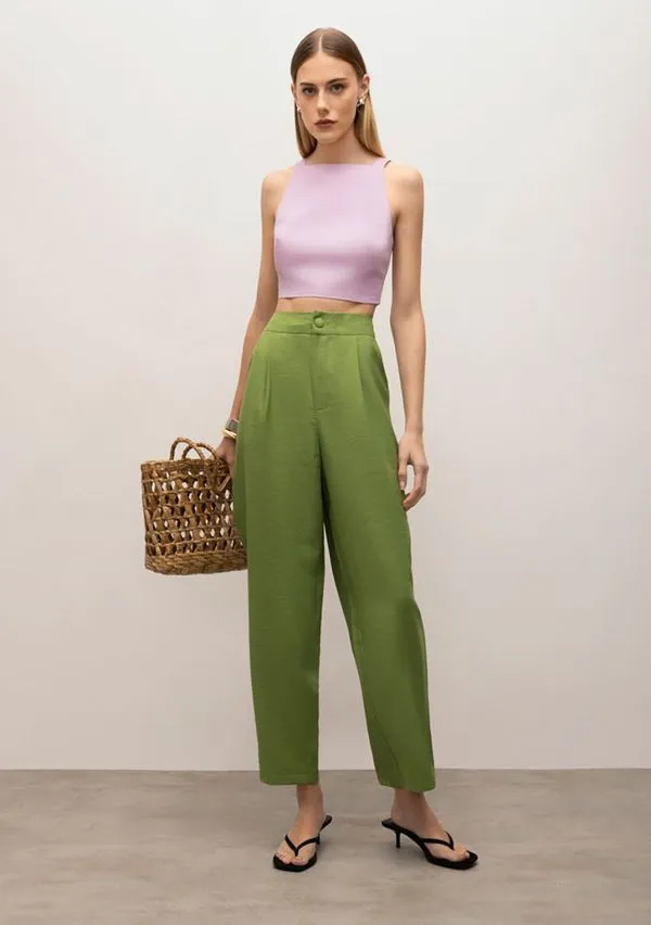 Calça Iódice Cenoura Cós Alto Bolso Faca Verde 34