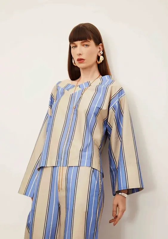 Blusa Iódice Solta Decote V Manga Longa Padrão Azul P