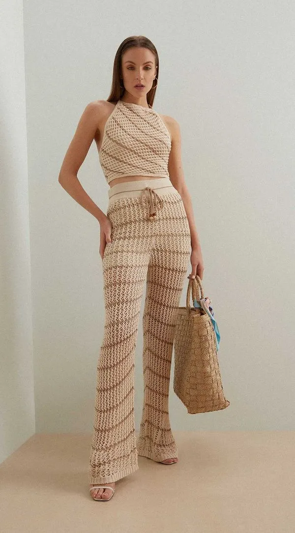 Calca Iódice Reta Cós Elástico Tricot Bege 36