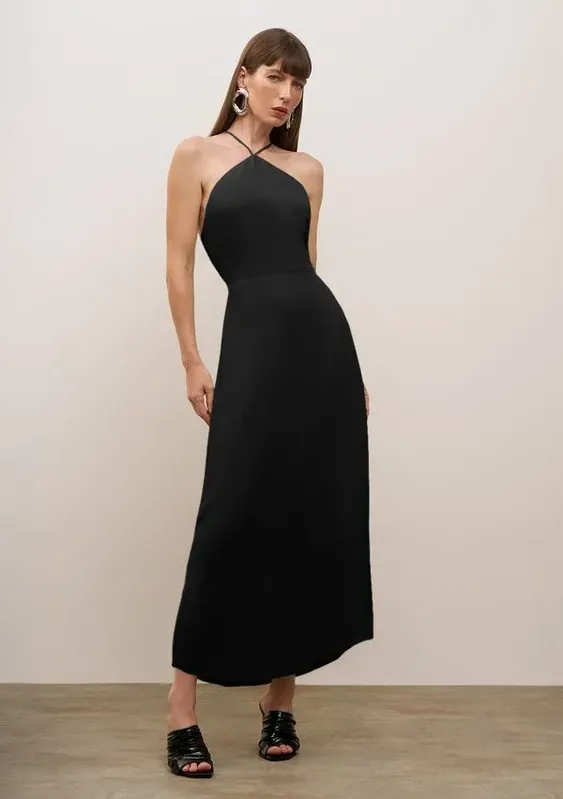 Vestido Iódice Ajustado Cava Francesa Sem Manga Midi Preto G