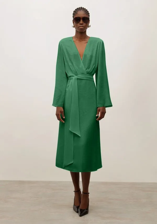 Vestido Iódice Midi Decote Transpassado Detalhe Manga Verde P