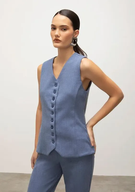 Colete Iódice Alongado Detalhe Botão Jeans M