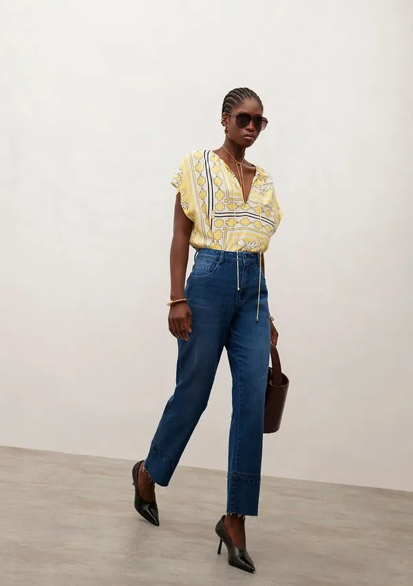 Blusa Iódice Decote Redondo Manga Curta Com Amarração Amarelo PP
