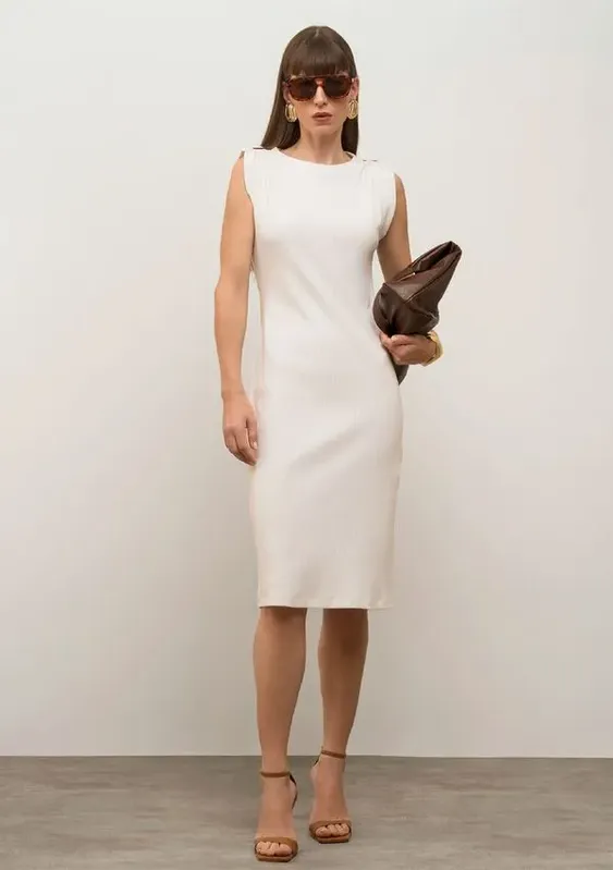 Vestido Iódice Ajustado Decote Careca Sem Manga Midi Off White G
