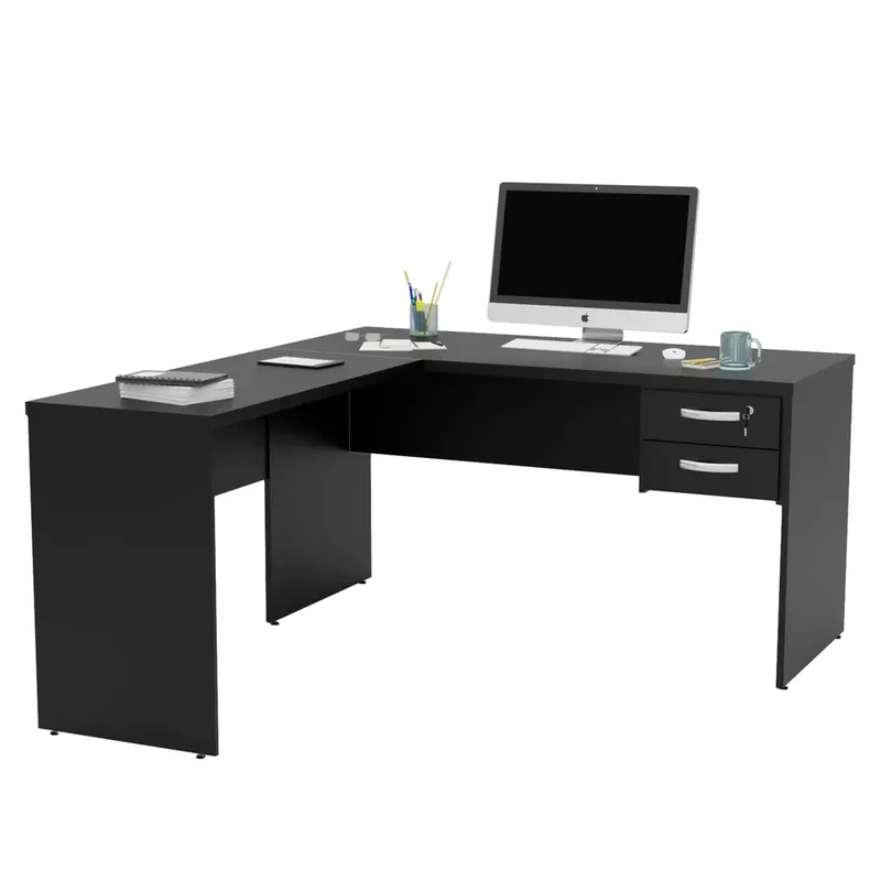Mesa De Escritório Em L 1.60x1.50 Com Gaveteiro Tampo 30mm - Preto