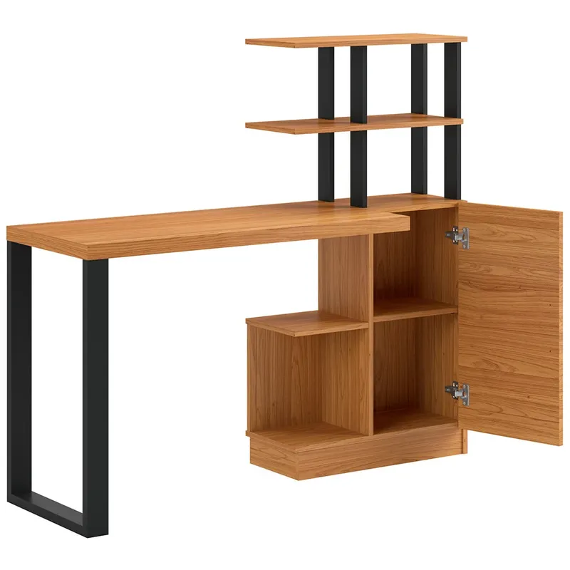 Escrivaninha Mesa Para Computador Home Office 1 Porta 4 Prateleiras Quarto Escritório Marrom E Preto